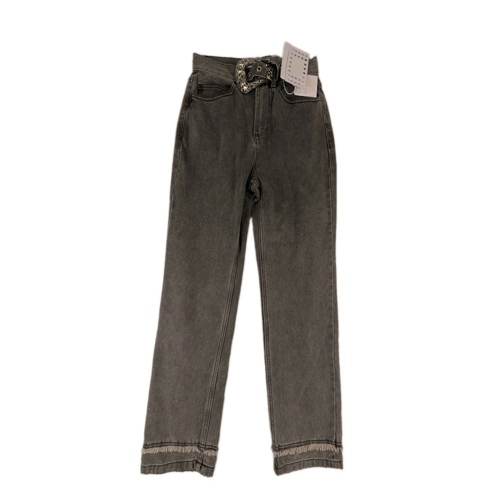 Le' AL.X Women's Size 25/ US 2 Gray Western Belt Straight Leg Raw Hem Jeans READ